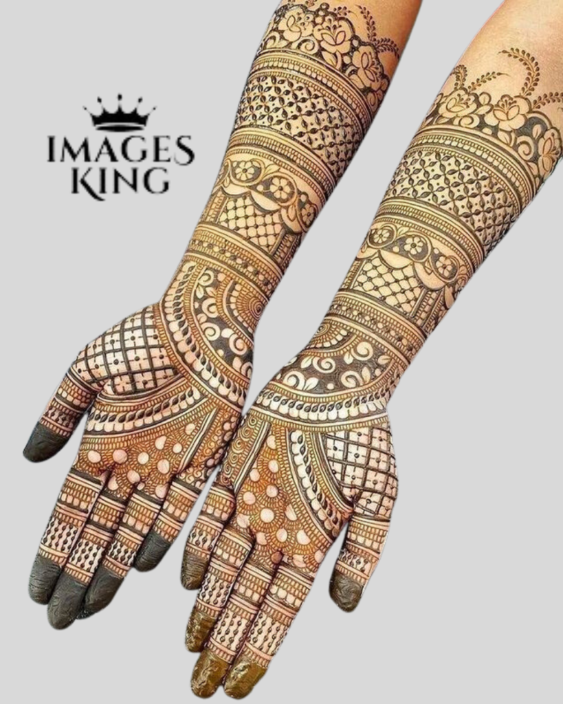 A modern mehndi design with geometric shapes, clean lines, and abstract patterns, offering a fresh take on traditional motifs.
